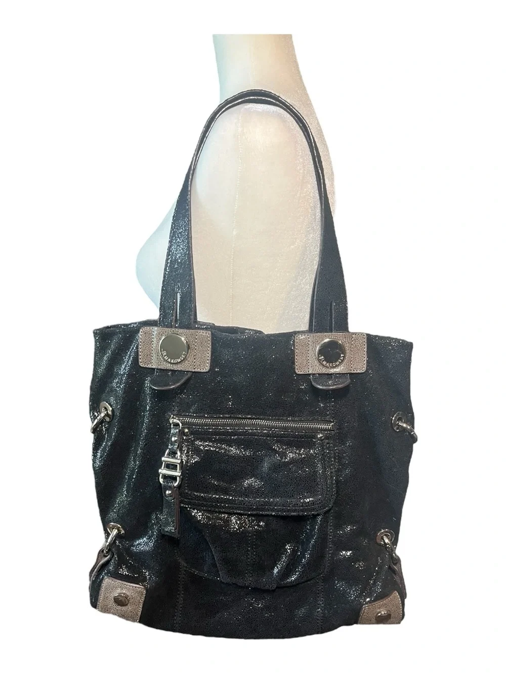 B. Makowsky Black Crackle Shimmer Genuine Leather Hobo Shoulder Bag | Y2K